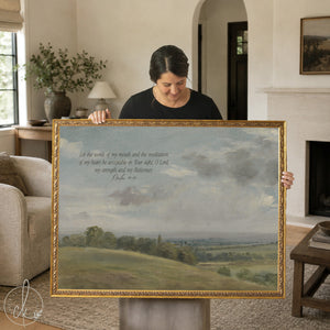 Framed landscape wall art with Psalm 19:14 Bible verse over a countryside scene.