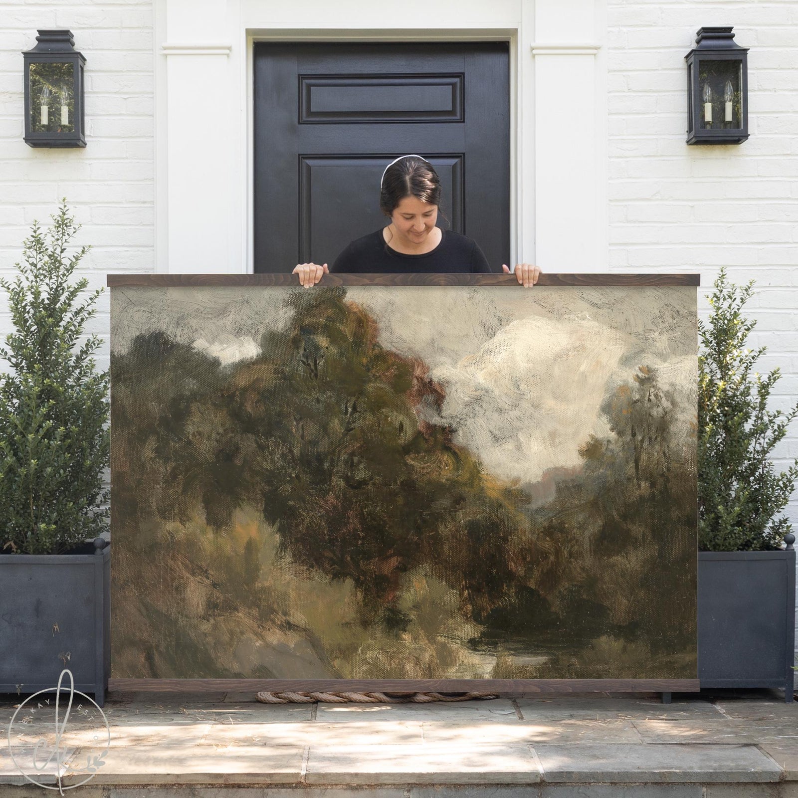 Impressionist oversized wall art with neutral landscape printed on canvas in horizontal layout for living room or above couch display.