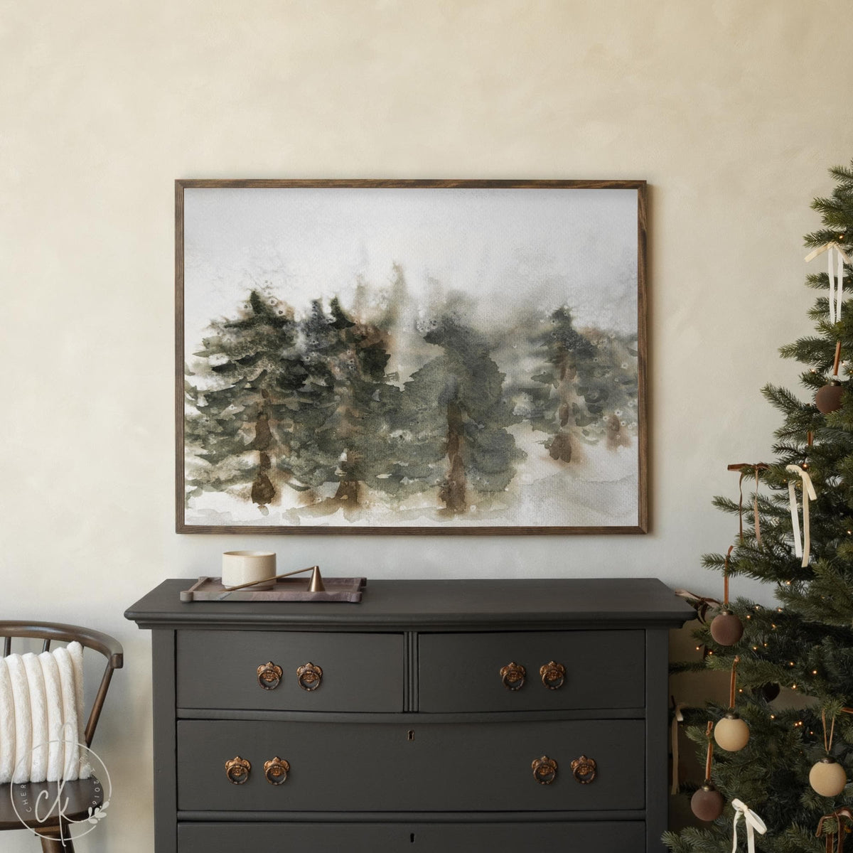 Wood framed pine tree wall art with snowy winter forest landscape painting, Christmas artwork for living room.