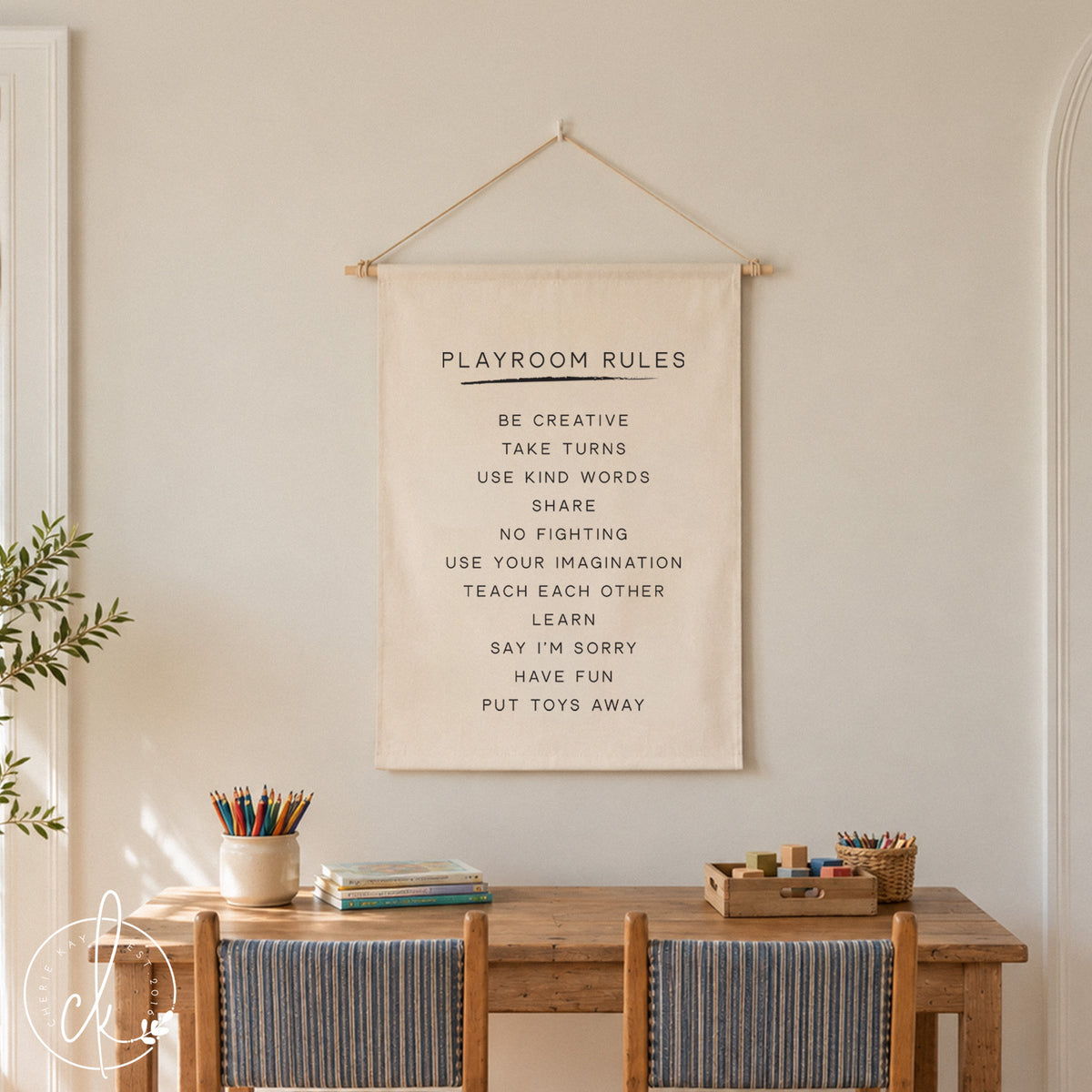 Playroom Rules | Canvas Dowel Rod | Playroom Wall Art | Kids Room Wall Decor | Art For Kids | Fabric Wall Hanging