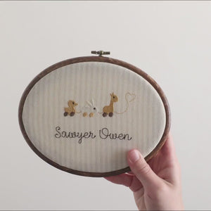 Neutral Nursery Decor | Pull Toy Animals Name Sign | Embroidered Baby Hoop | E22