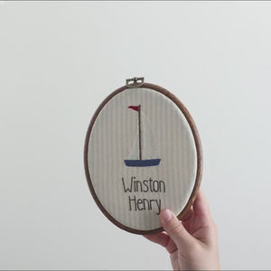 Nautical Nursery Decor | Sailboat Embroidered Custom Name Hoop | Baby Boy Birth Announcement Sign | E14