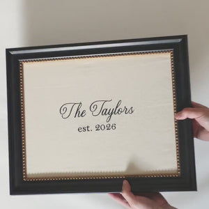 Embroidered Wall Art | Family Name Sign in Ornate Gold Frame | Personalized Newlywed Gift