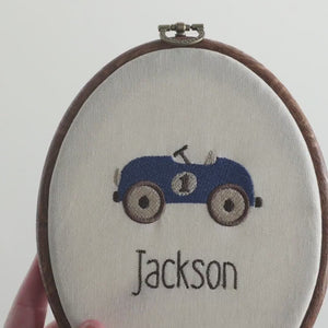 Car Nursery Decor | Vintage Embroidered Custom Name Hoop | Baby Boy Room Wall Art | E11