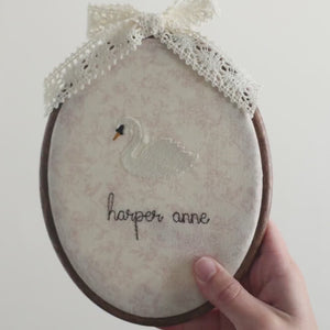 Swan Nursery Decor | Personalized Embroidered Name Sign | Lace Bow Hoop for Baby Girl Room | E10