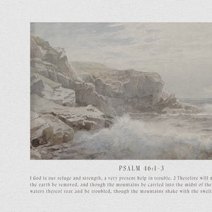 Framed Coastal Landscape Painting with Psalm 46:1-3 | Christian Wall Art | Scripture Decor | Bible Verse Inspirational Home Decor | N214