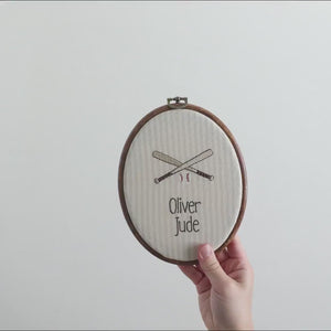 Baseball Nursery Decor | Embroidered Newborn Name Sign | Crossed Bats Baby Hoop | E13