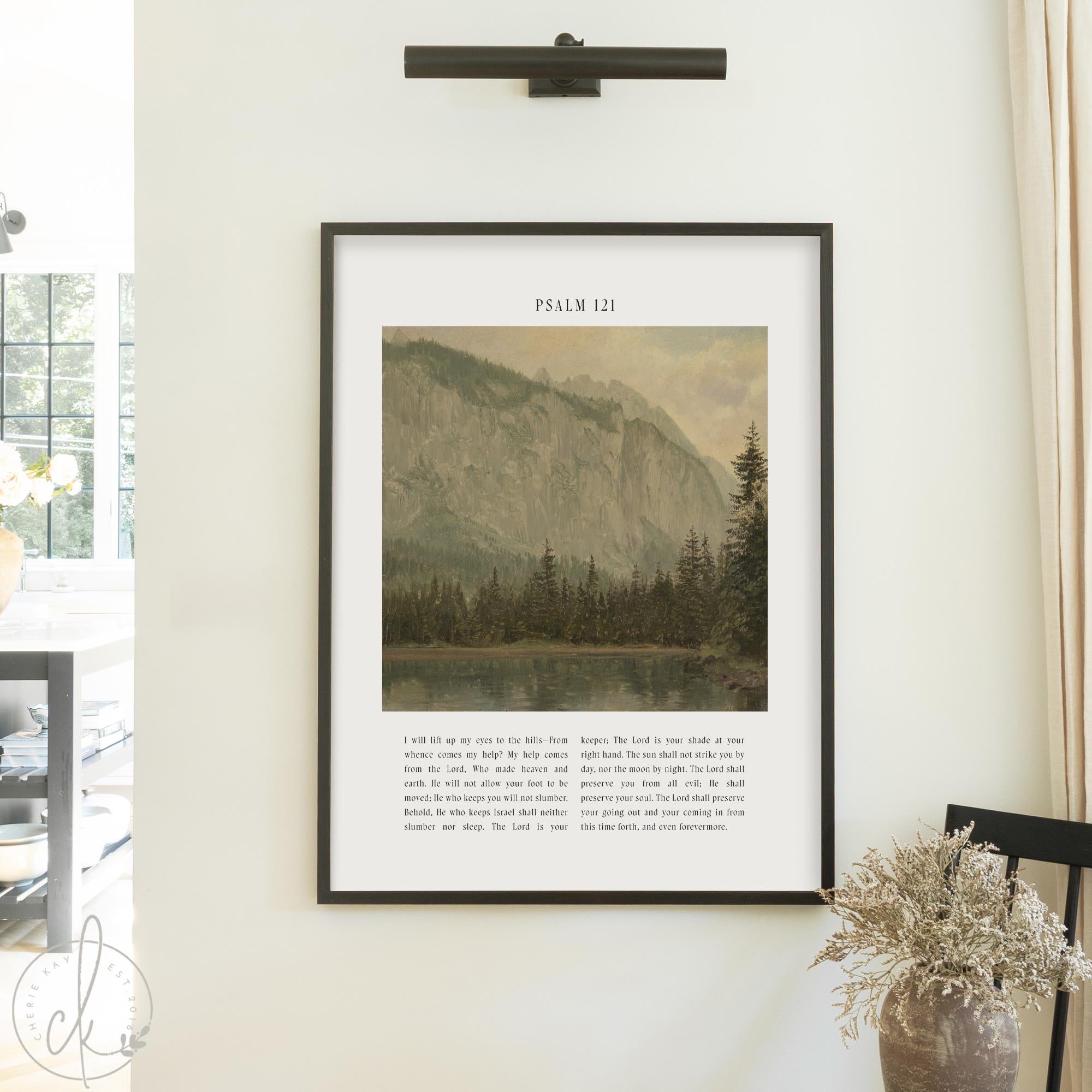 Framed Psalm 121 wall art with mountain landscape and Bible verse, inspirational Christian wall decor.