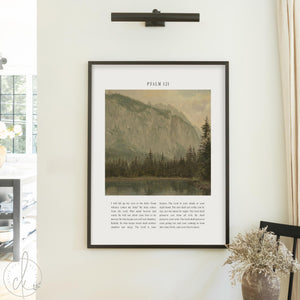 Framed Psalm 121 wall art with mountain landscape and Bible verse, inspirational Christian wall decor.