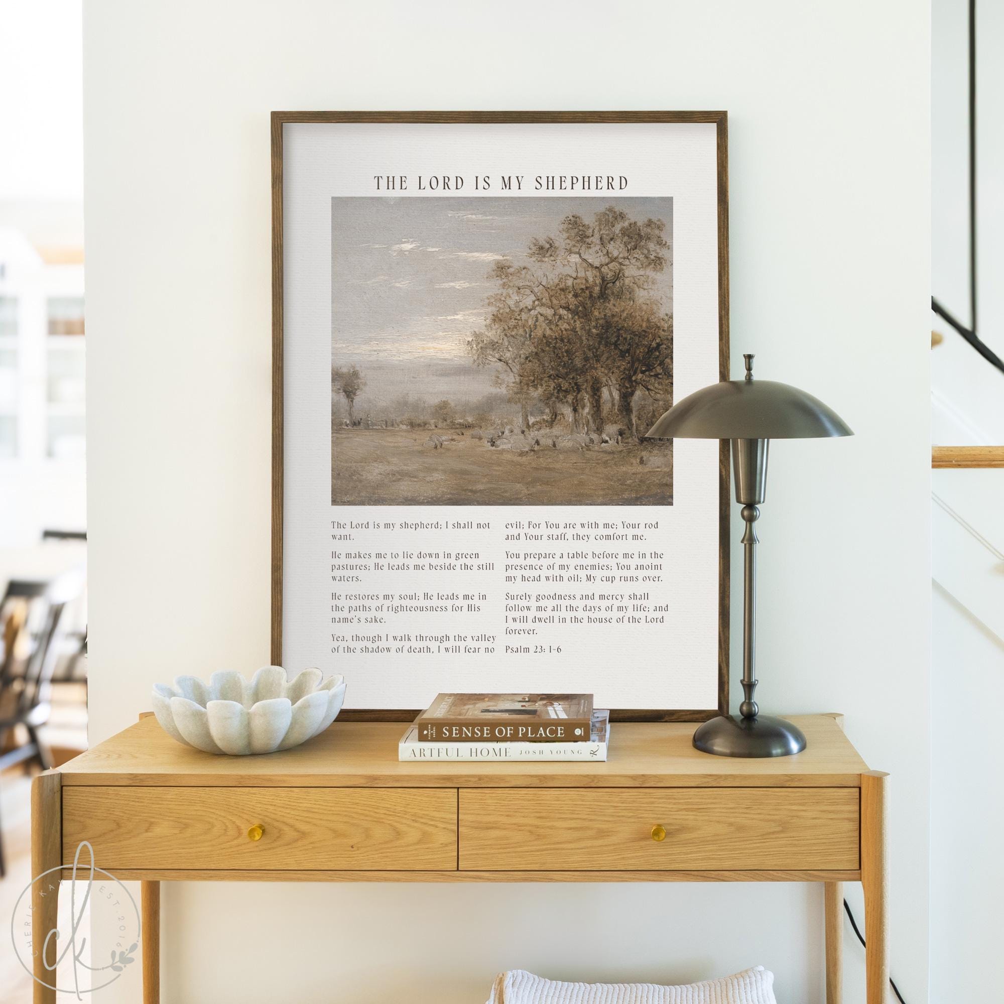 Large framed Psalm 23 wall art with wood frame scripture, The Lord is my shepherd Bible verse design