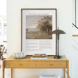 Large framed Psalm 23 wall art with wood frame scripture, The Lord is my shepherd Bible verse design