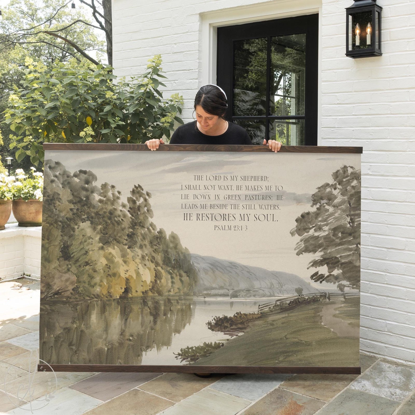 Large canvas wall hanging with Psalm 23 wall art and landscape design for Christian home decor