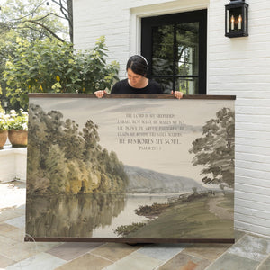 Large canvas wall hanging with Psalm 23 wall art and landscape design for Christian home decor