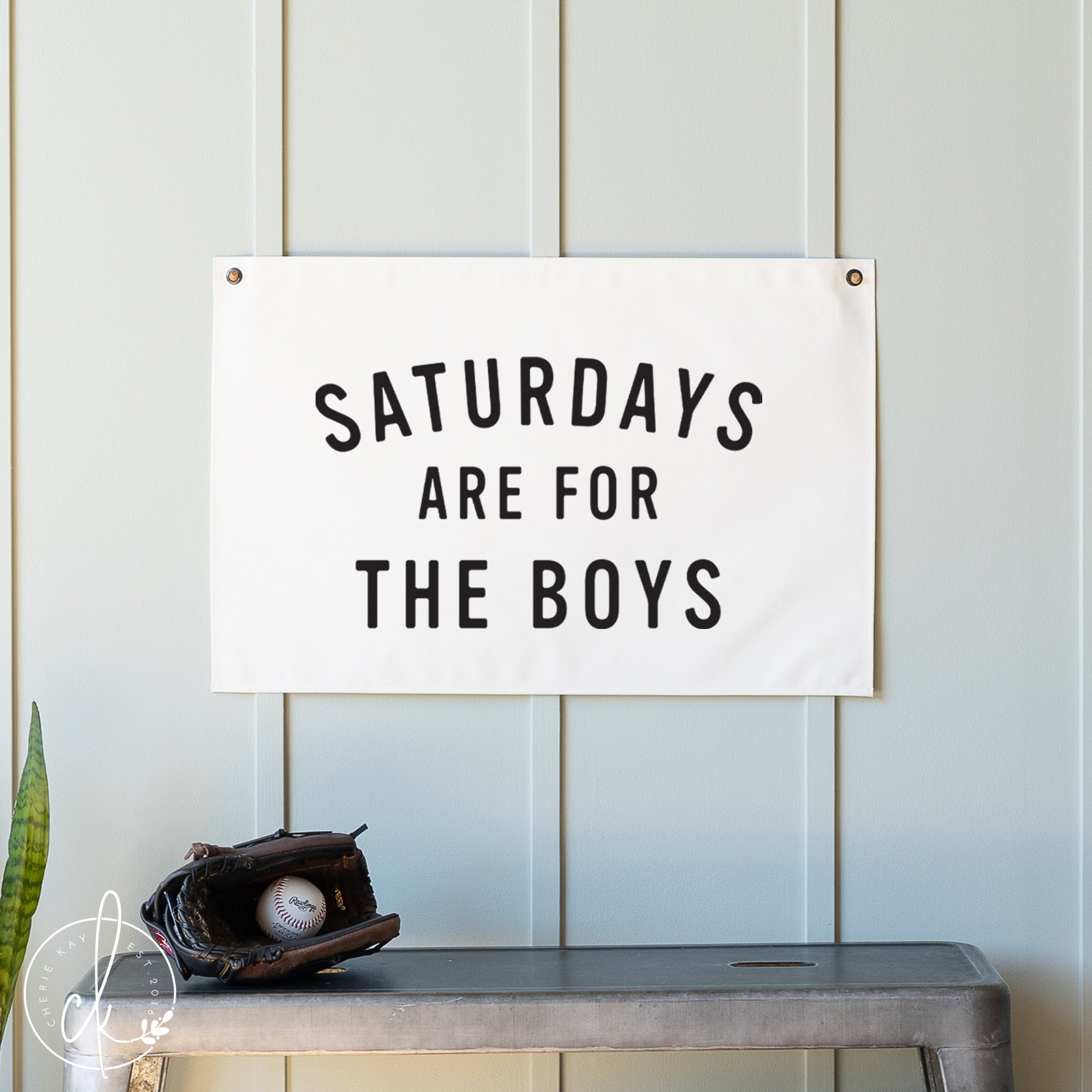 Sign with 'Saturdays are for the Boys' text on a wall with a baseball glove and ball below.