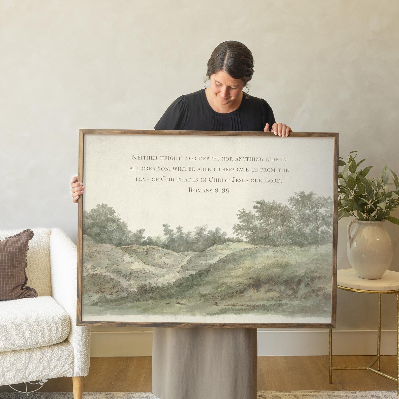Framed Romans 8:39 scripture wall art with peaceful landscape featuring rolling hills and trees in neutral tones, perfect for Christian home decor