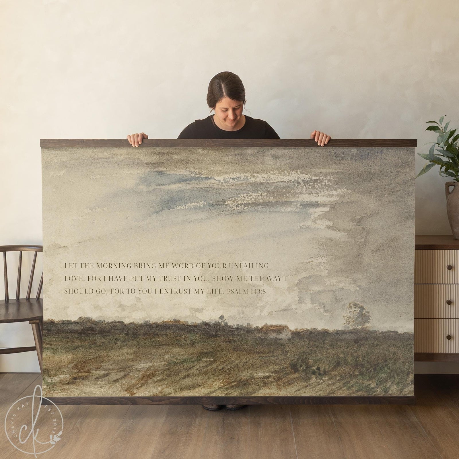 Large scripture art print featuring Psalm 143:8 being displayed by woman - abstract landscape artwork with biblical verse &#39;Let the morning bring me word of your unfailing love, for I have put my trust in you. Show me the way I should go, for to you I entrust my life.