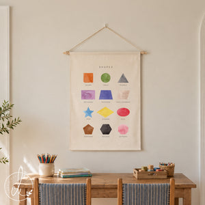 A cream-colored fabric wall hanging featuring the text SHAPES and twelve watercolor illustrations of geometric forms including a square, circle, triangle, rectangle, trapezoid, parallelogram, star, diamond, oval, pentagon, hexagon, and octagon.