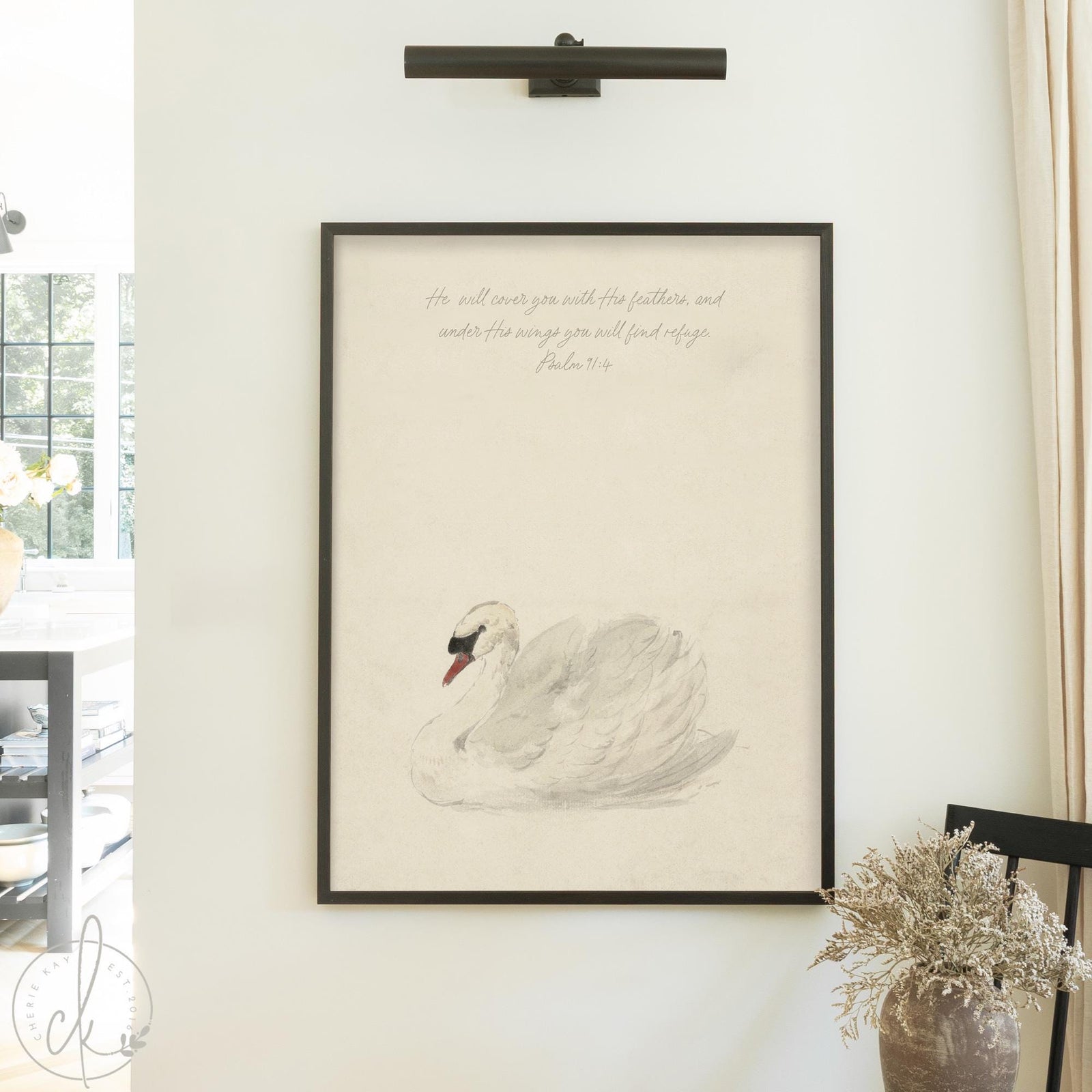 Swan wall art framed in wood with Psalm 91:4 scripture verse for Christian home decor.