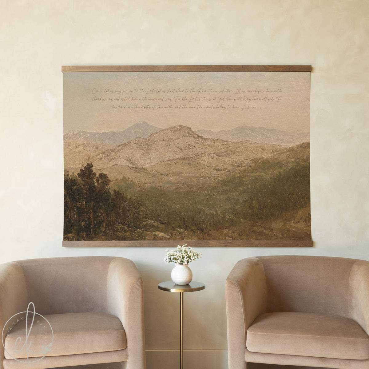Scripture Wall Art | Psalm 95:1-4 Mountain Landscape Canvas Tapestry | T101