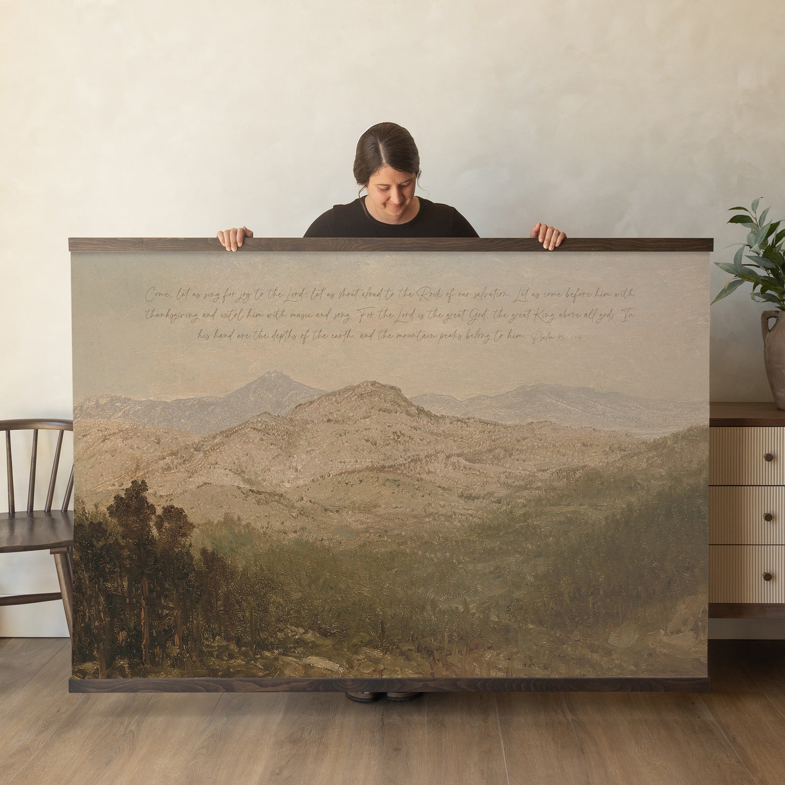 Framed mountain landscape Christian canvas wall art with Psalm 95:1-4 scripture verses.