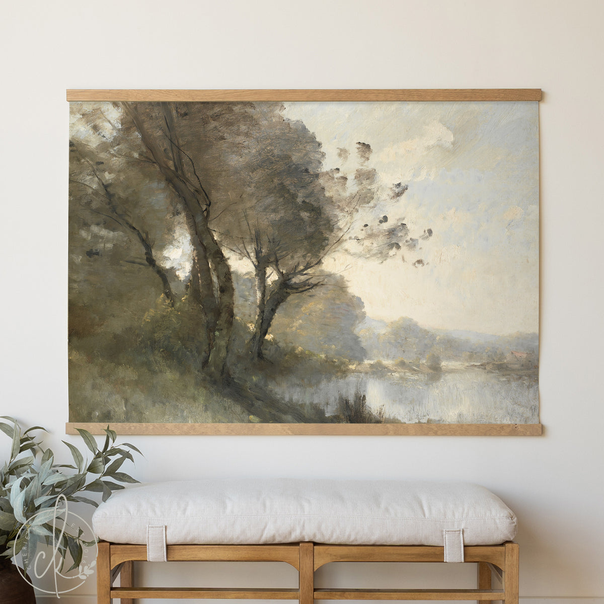 Neutral Landscape Wall Tapestry | Large Canvas River & Trees Wall Hanging | T113