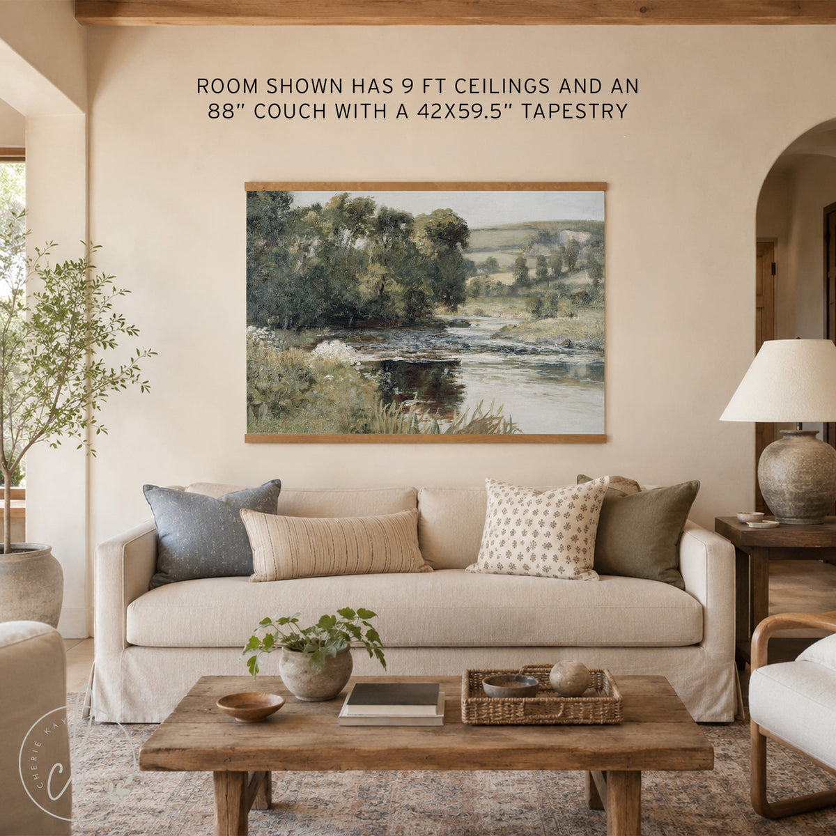 Nature Landscape Painting | Vintage River Canvas Wall Hanging | Large Green Wall Art | T114