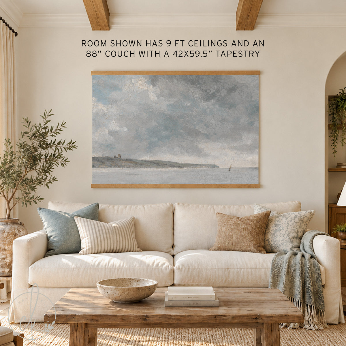 Coastal Seascape Wall Art | Large Ocean Landscape Canvas Wall Hanging | Blue & Gray Coastal Decor | T122