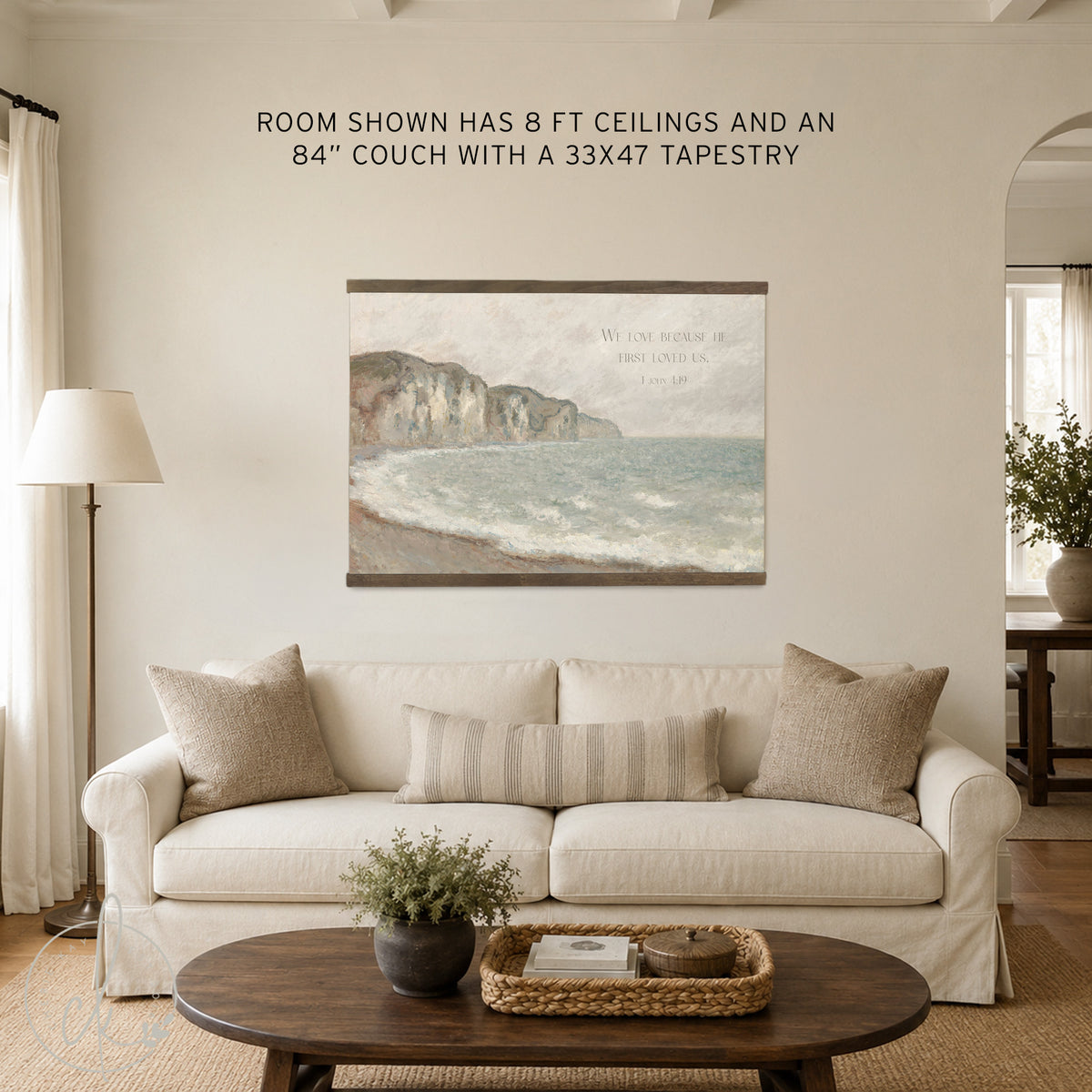 Monet Seascape Canvas Tapestry | 1 John 4:19 Scripture Wall Art | Coastal Impressionist Print | T138