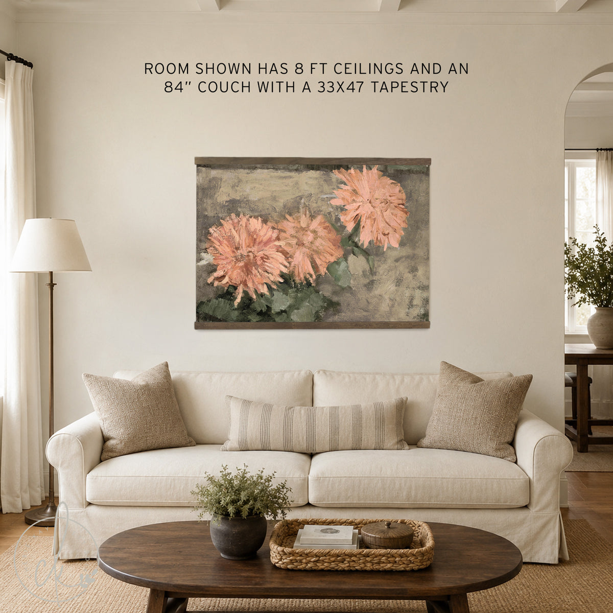 Chrysanthemum Wall Art | Oversized Floral Tapestry | Moody Peach Canvas Banner | T147