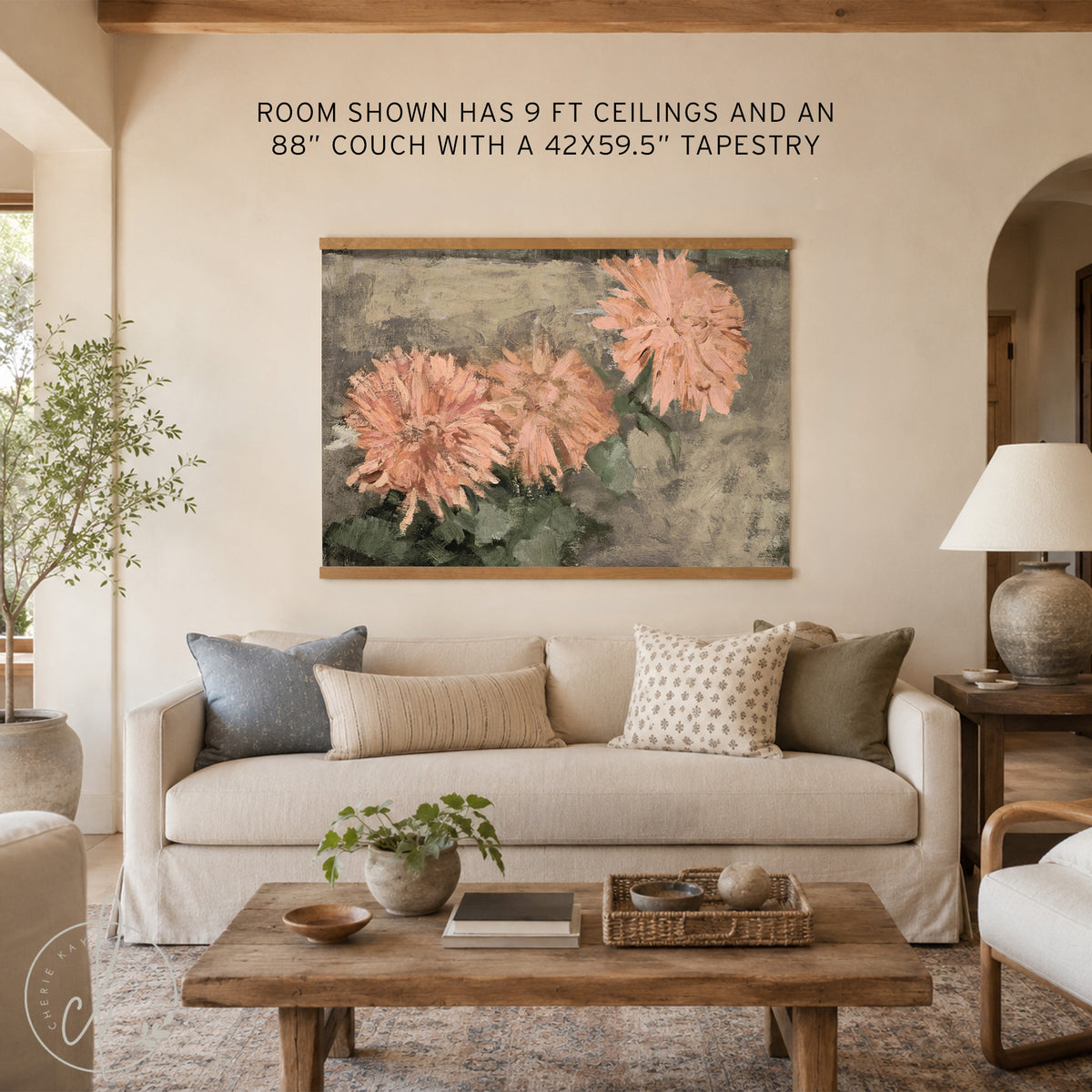 Chrysanthemum Wall Art | Oversized Floral Tapestry | Moody Peach Canvas Banner | T147