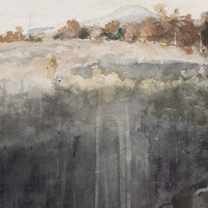 Close-up of abstract nature artwork canvas showing a moody landscape with charcoal forest, neutral greens, and warm rust-toned treetops.