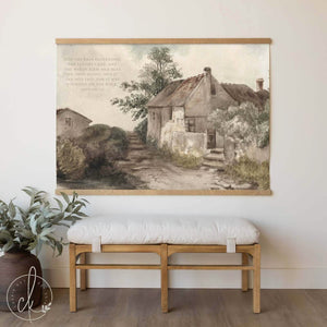 Extra-Large Vintage Cottage Tapestry | Matthew 7:25 Bible Verse | T44