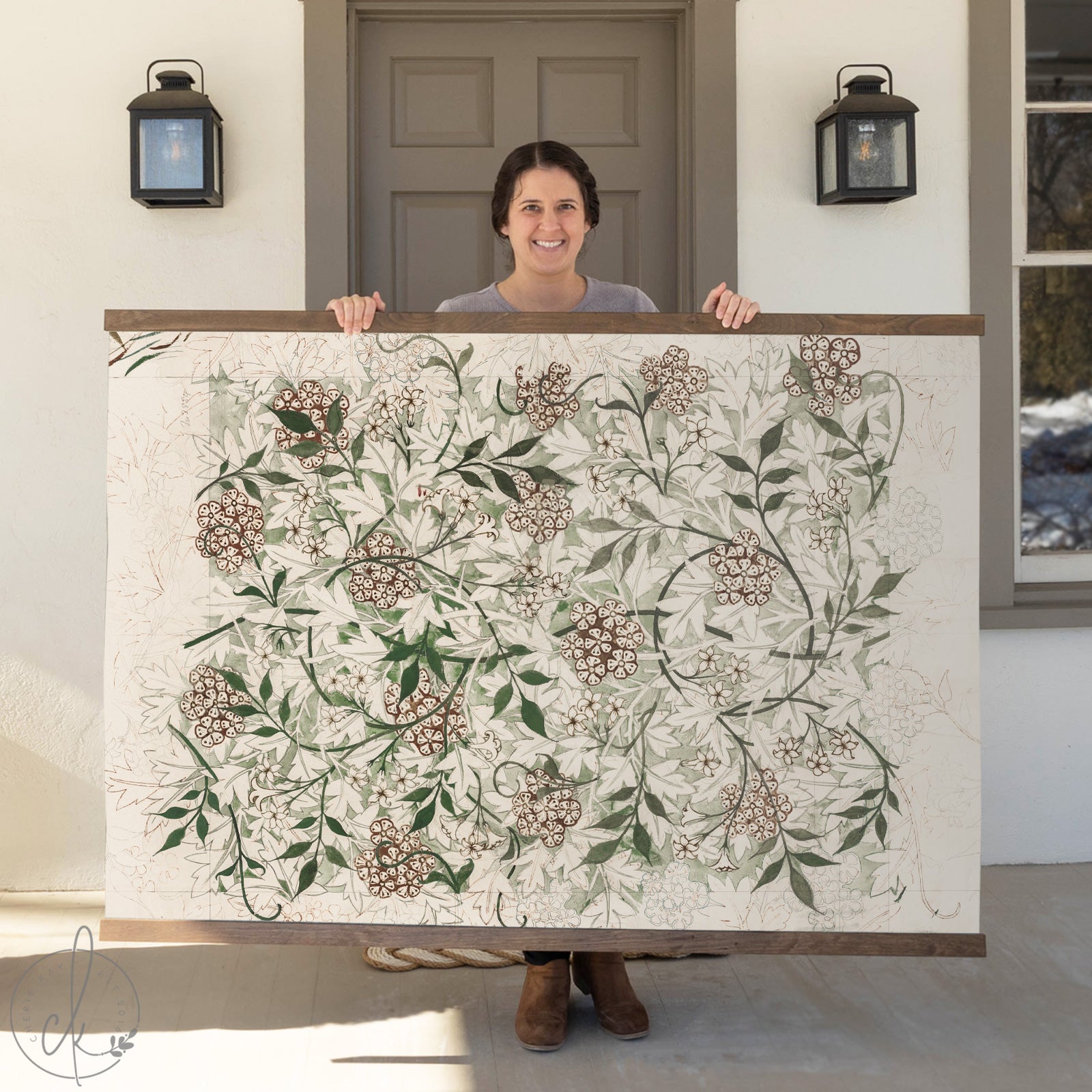 Large vintage botanical wall art featuring an intricate floral design in earthy tones, elegant wall art for a cozy living room with neutral decor. William Morris
