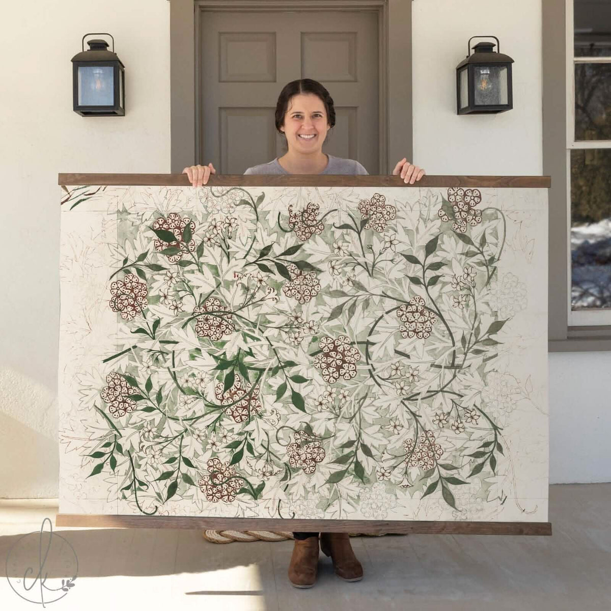 Large vintage botanical wall art featuring an intricate floral design in earthy tones, elegant wall art for a cozy living room with neutral decor. William Morris