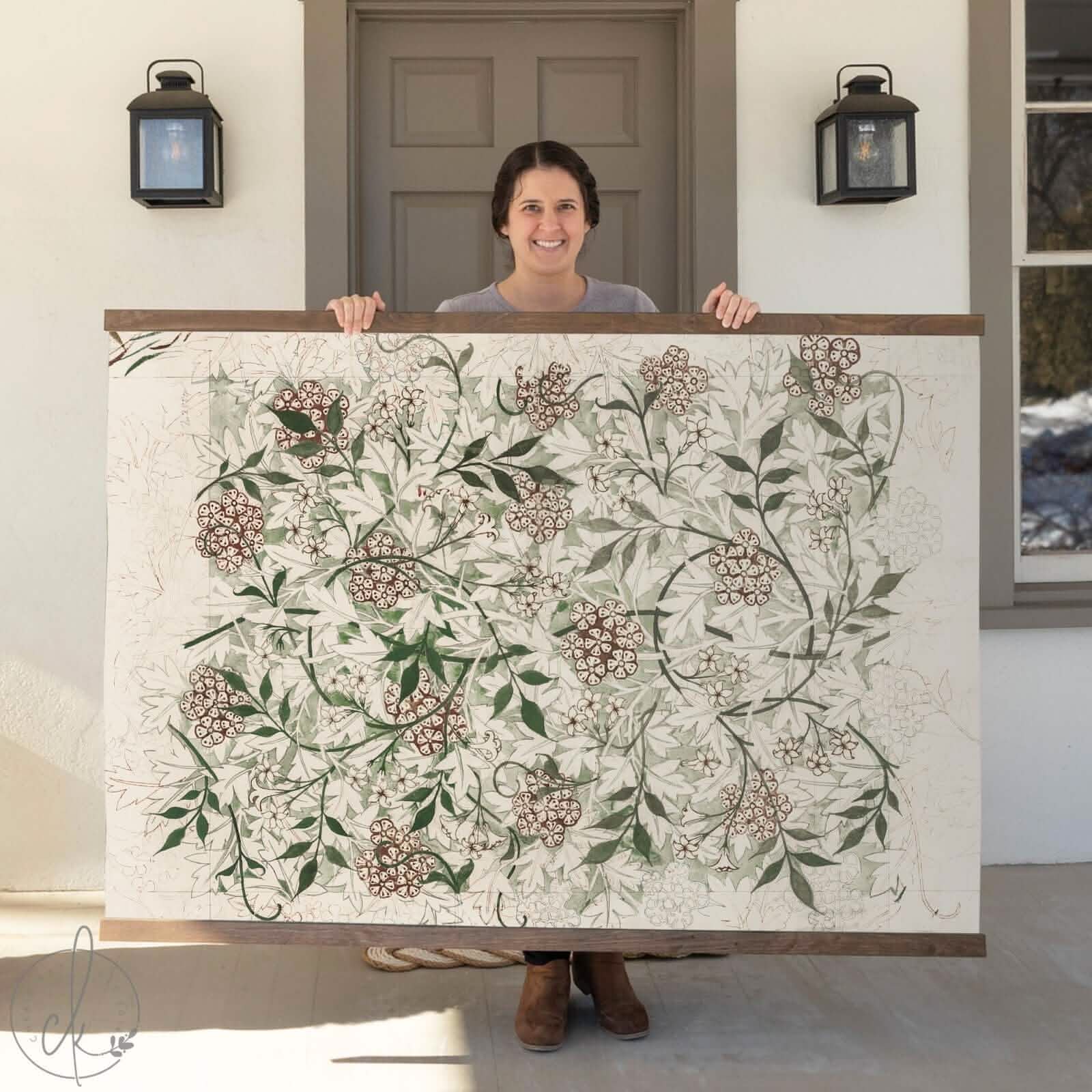 Large vintage botanical wall art featuring an intricate floral design in earthy tones, elegant wall art for a cozy living room with neutral decor. William Morris