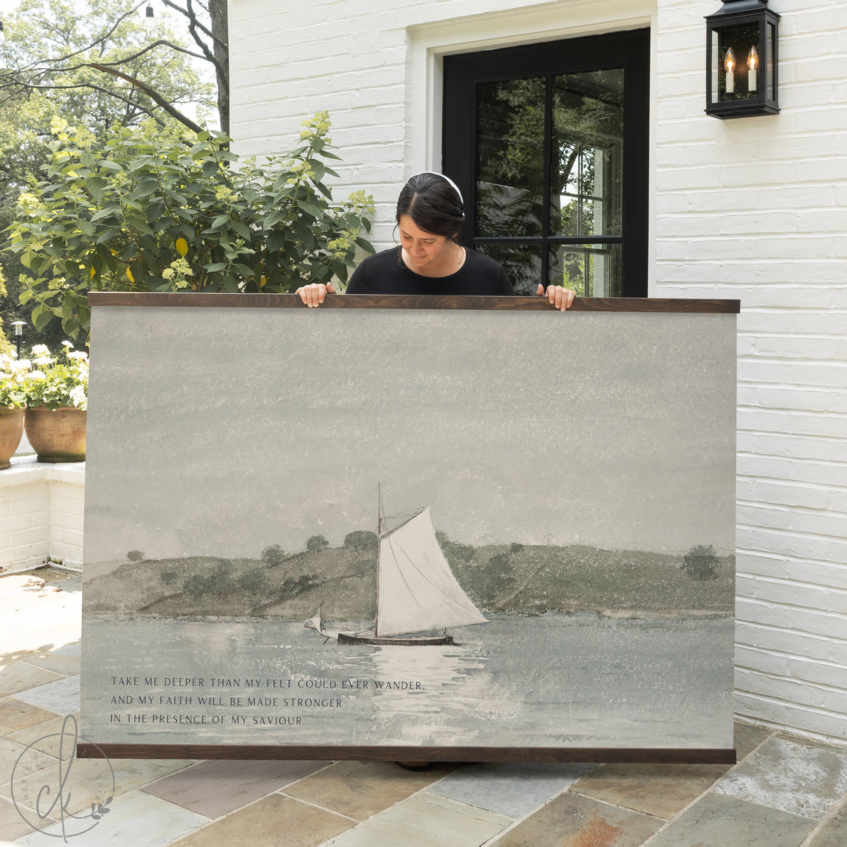 Canvas wall art featuring ocean sailboat watercolor painting with inspirational Oceans lyrics in sage green coastal style