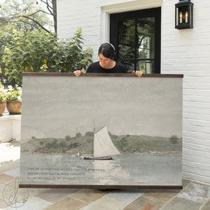 Canvas wall art featuring ocean sailboat watercolor painting with inspirational Oceans lyrics in sage green coastal style