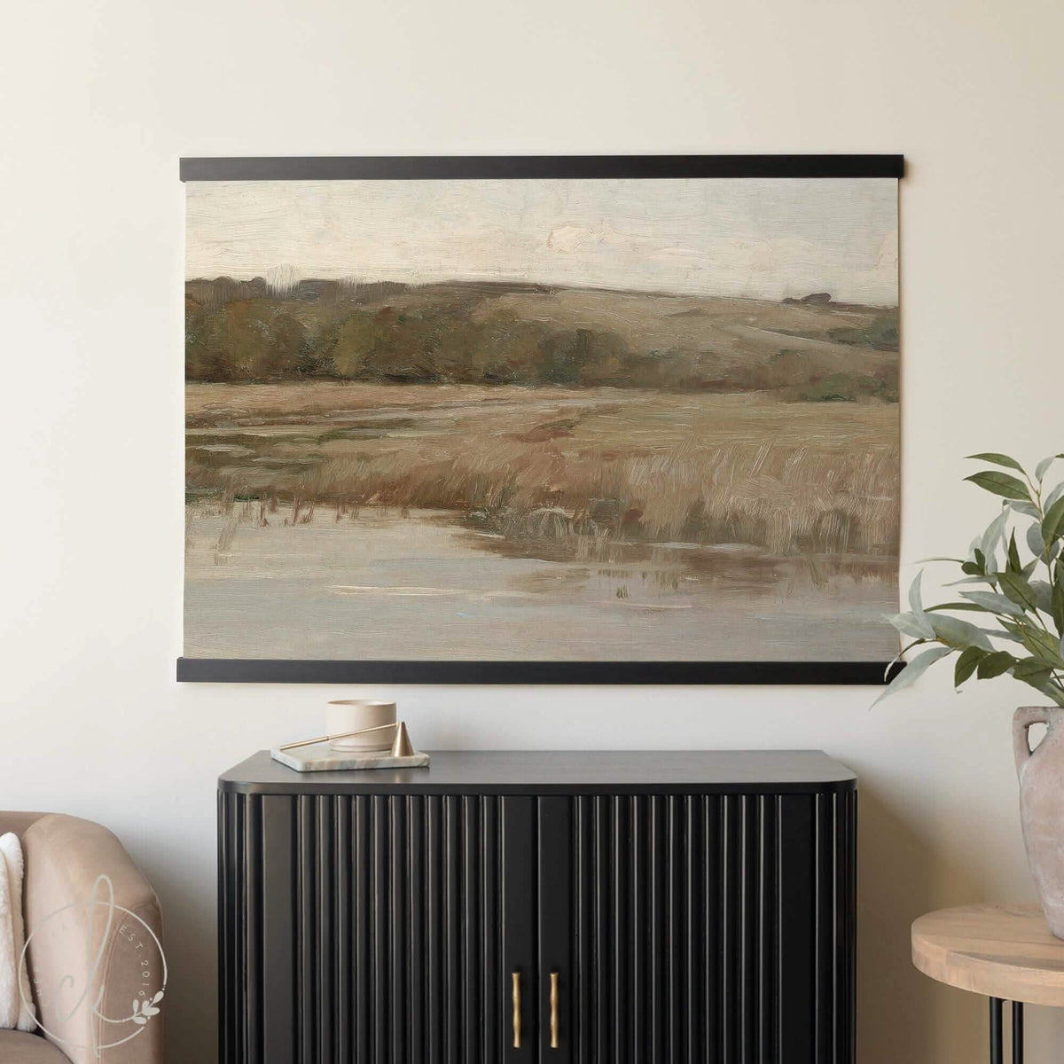 Large Landscape Canvas Tapestry | Vintage Meadow and River Print | T9