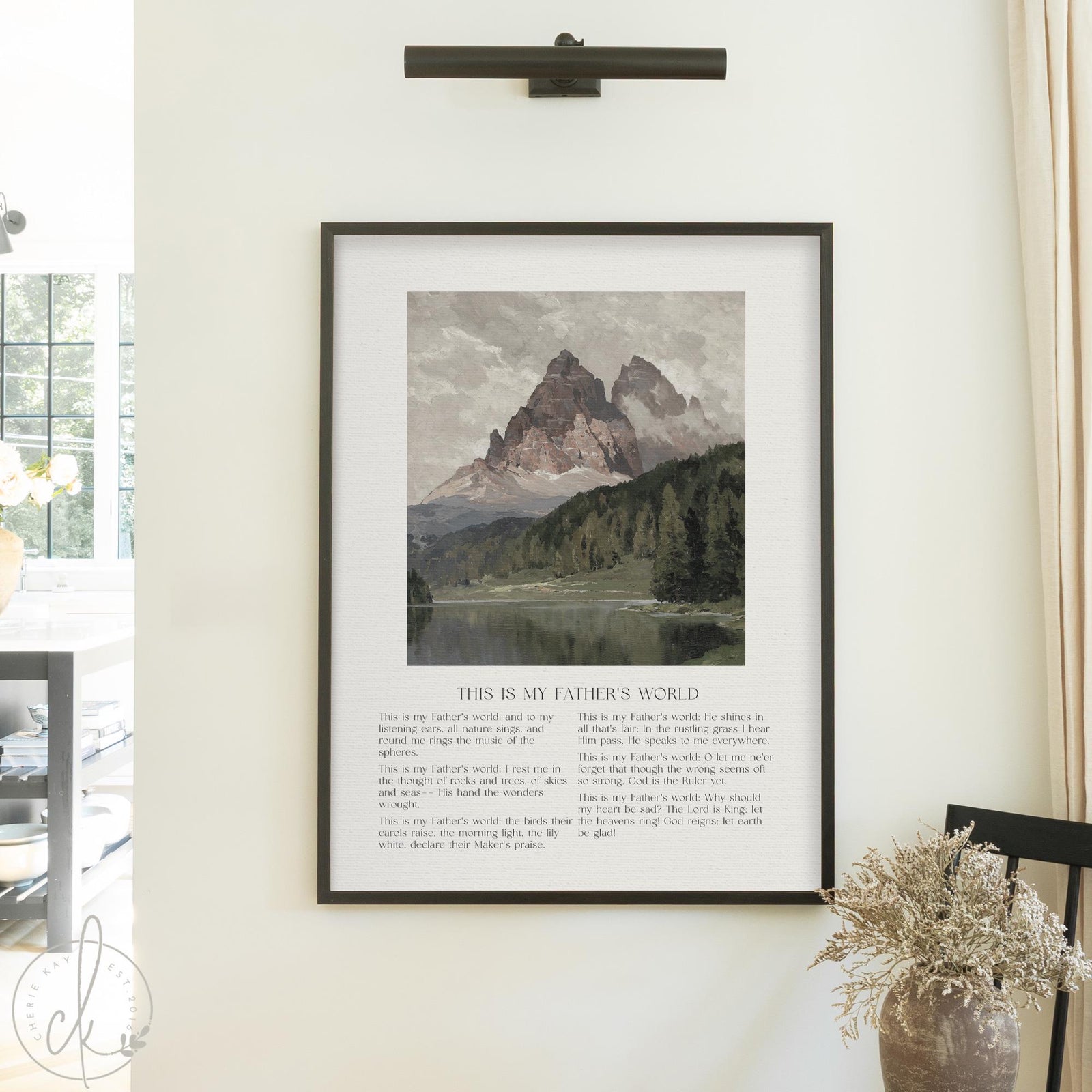 Framed mountain landscape wall art with This Is My Fathers World hymn lyrics, inspirational Christian home decor