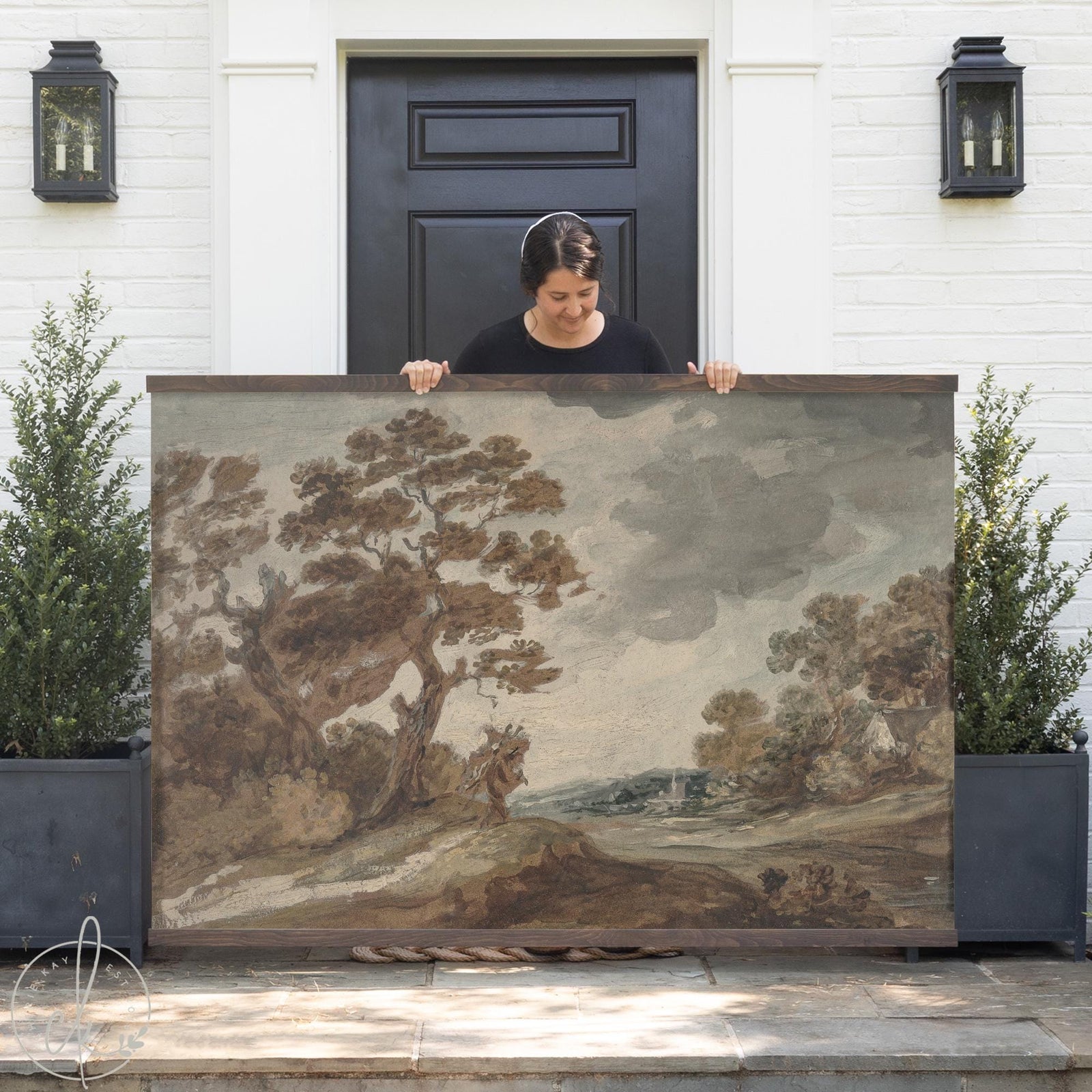 Vintage fall painting on large canvas tapestry with autumn landscape, perfect for Thanksgiving wall decor.