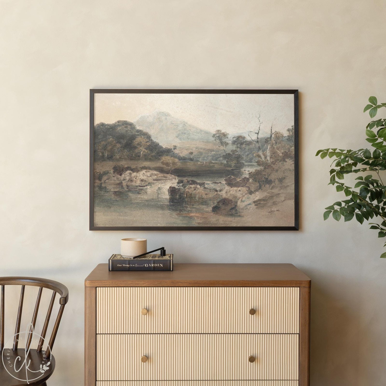 Vintage Landscape Painting | Large Wall Art with River and Mountains | Framed Canvas Art | Living Room Decor | Antique Nature Print | N44