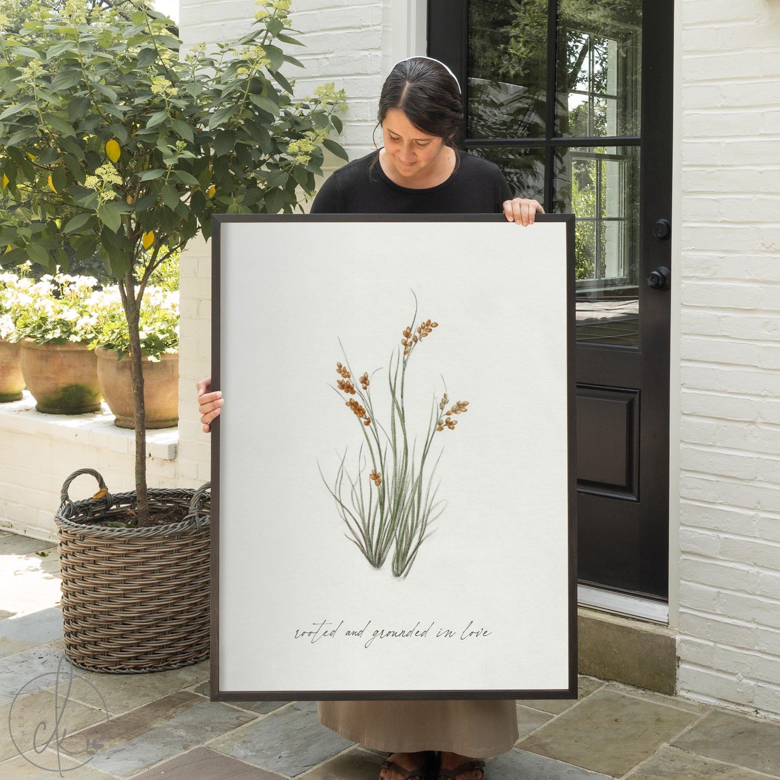 Wildflower wall art with Ephesians 3:17 verse rooted and grounded in love, large framed botanical scripture decor