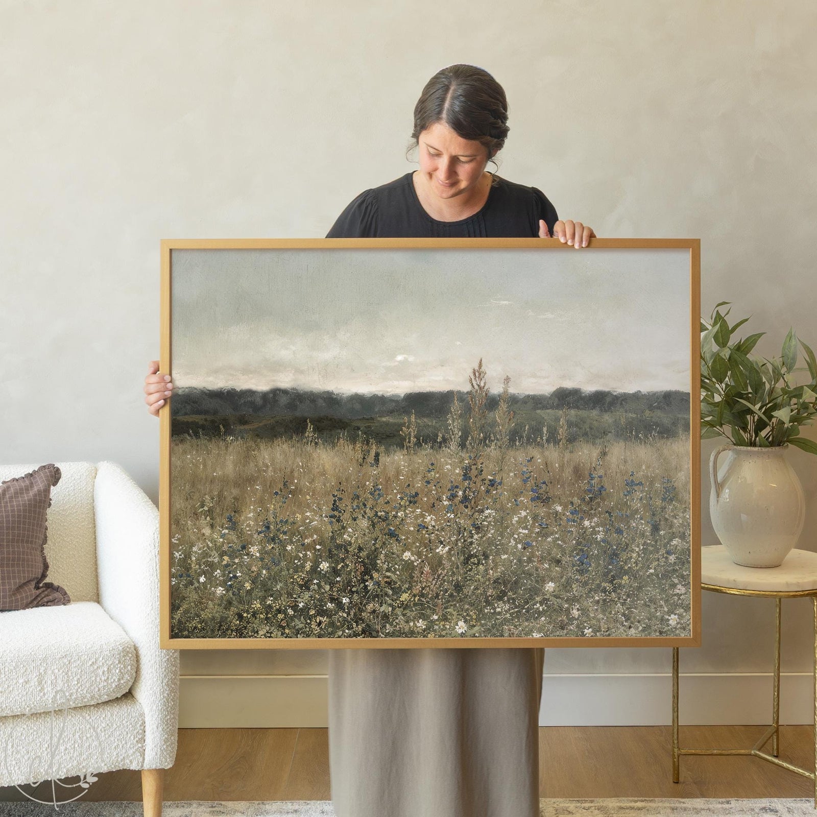 Framed wildflower meadow landscape wall art featuring blue flowers and golden grasses in natural wood frame for home decor