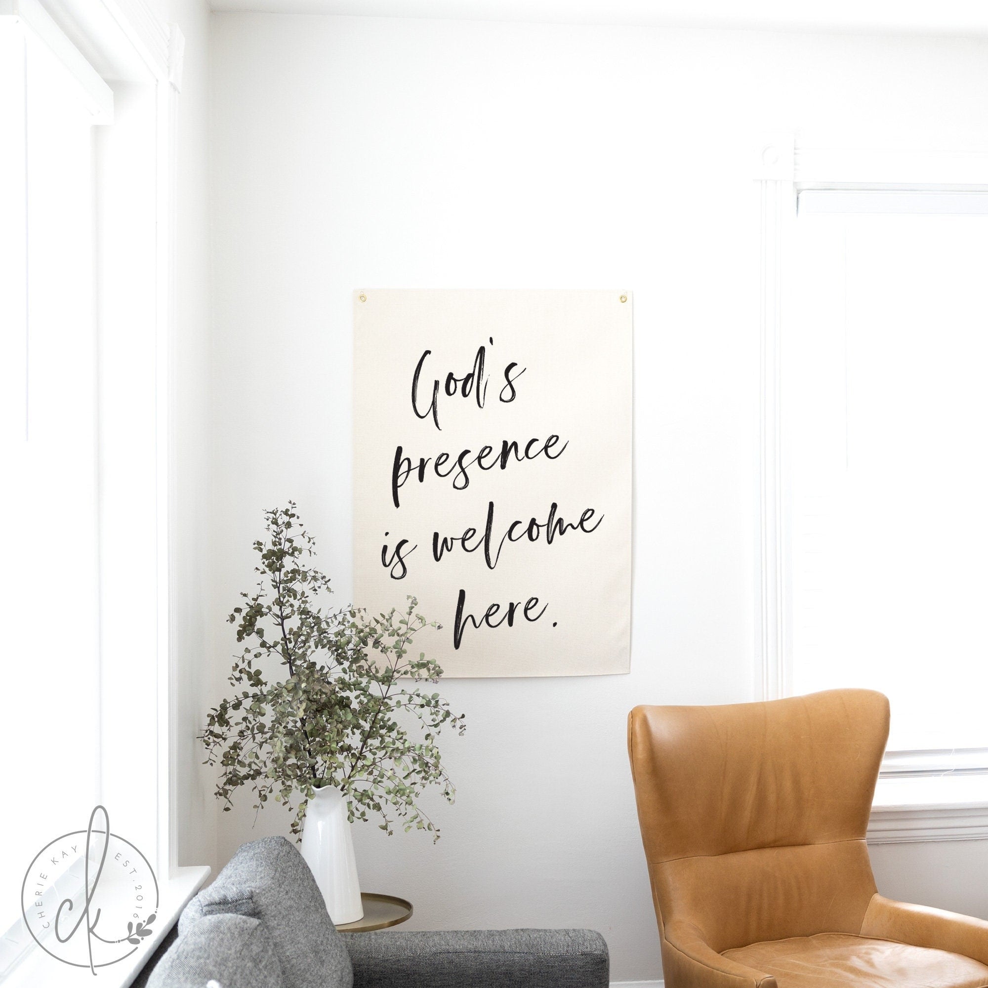 God's Presence Is Welcome Here | Canvas Flag | Christian Home Decor | Scripture Wall Decor | Living Room Decor