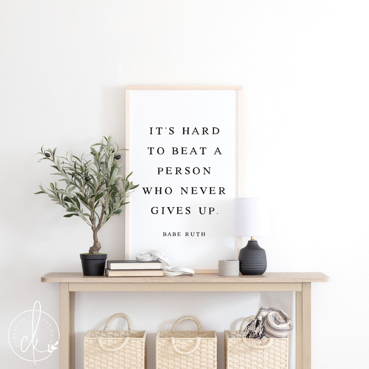 It&#39;s Hard To Beat A Person Who Never Gives Up | Framed Sign | Boys Room Decor | Inspirational Quotes | Babe Ruth Quote | Office Decor