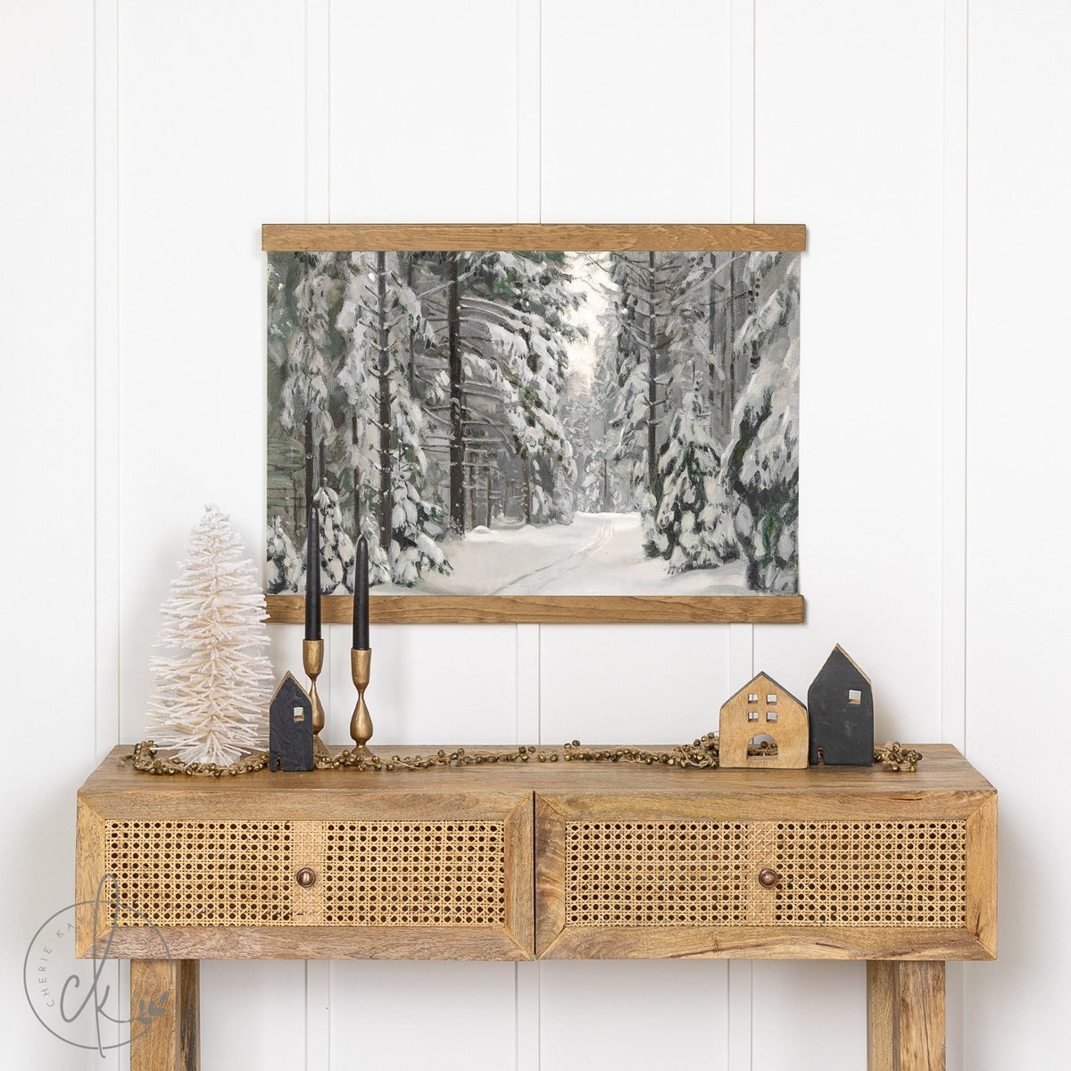 Snowy Winter Forest Painting | Canvas Tapestry | Christmas Wall Decor | Living Room Decor | Winter Pines Painting