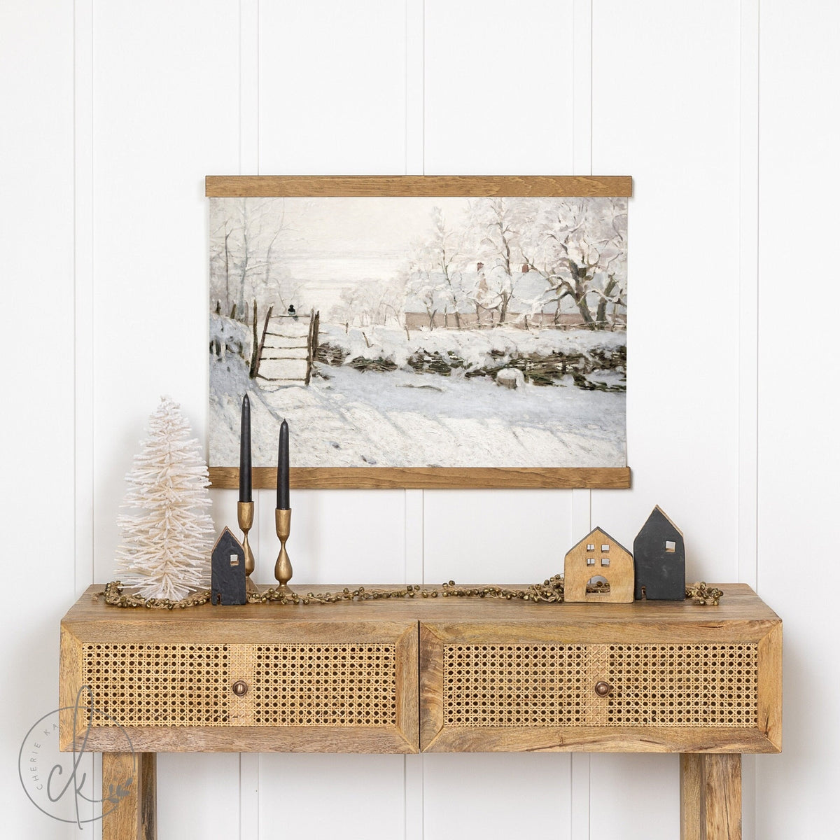 Winter Scene Painting | Canvas Tapestry | Snowy Landscape Art | Fabric Wall Hanging | Living Room Wall Decor | Winter Painting