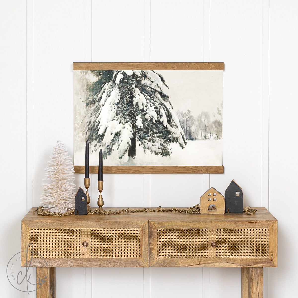 Winter Wall Decor | Canvas Tapestry | Winter Pines Painting | Fabric Wall Hanging | Living Room Decor | Winter Landscape Painting
