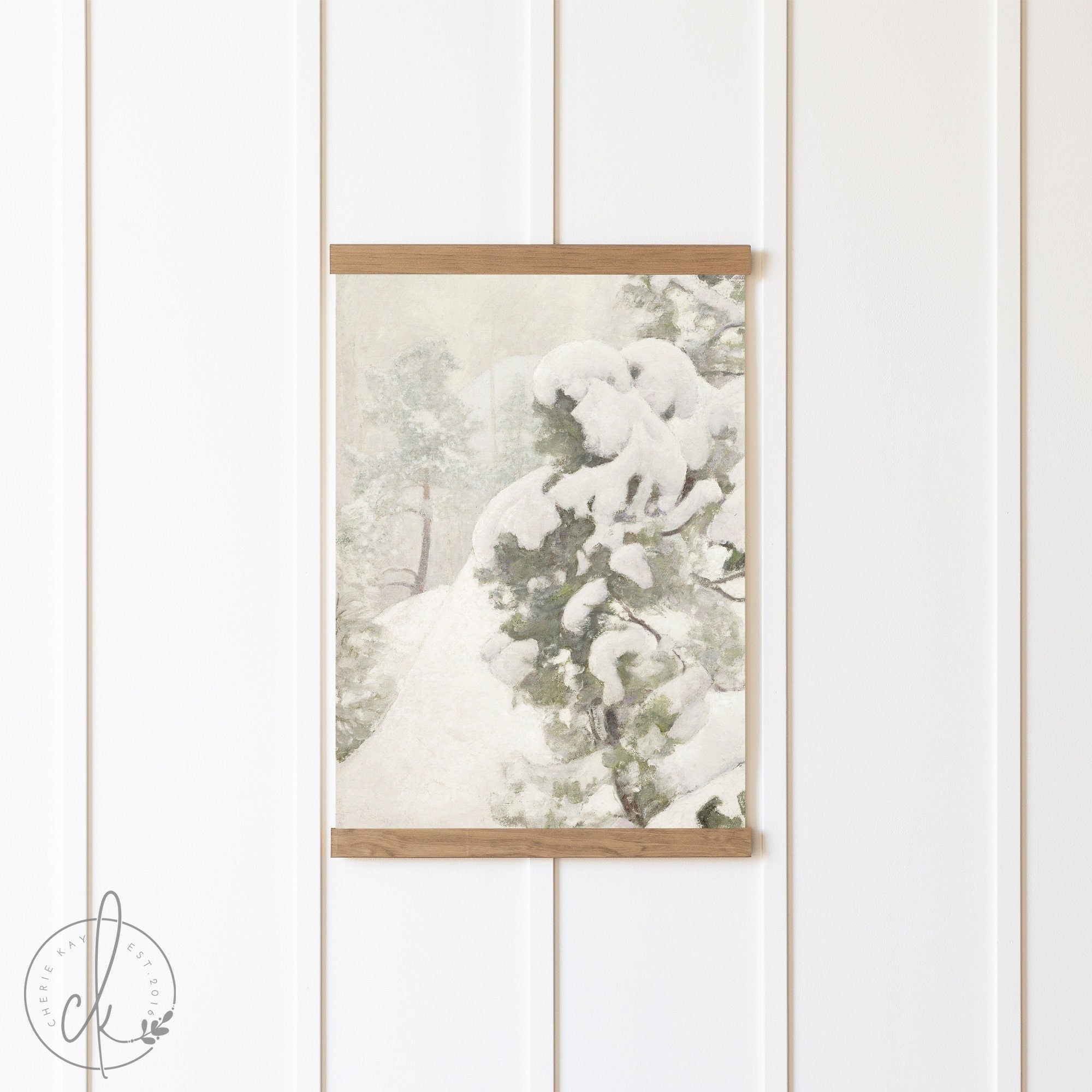 Snowy Pine Trees Painting | Canvas Tapestry | Winter Wall Decor | Seasonal Art | Christmas Wall Decor