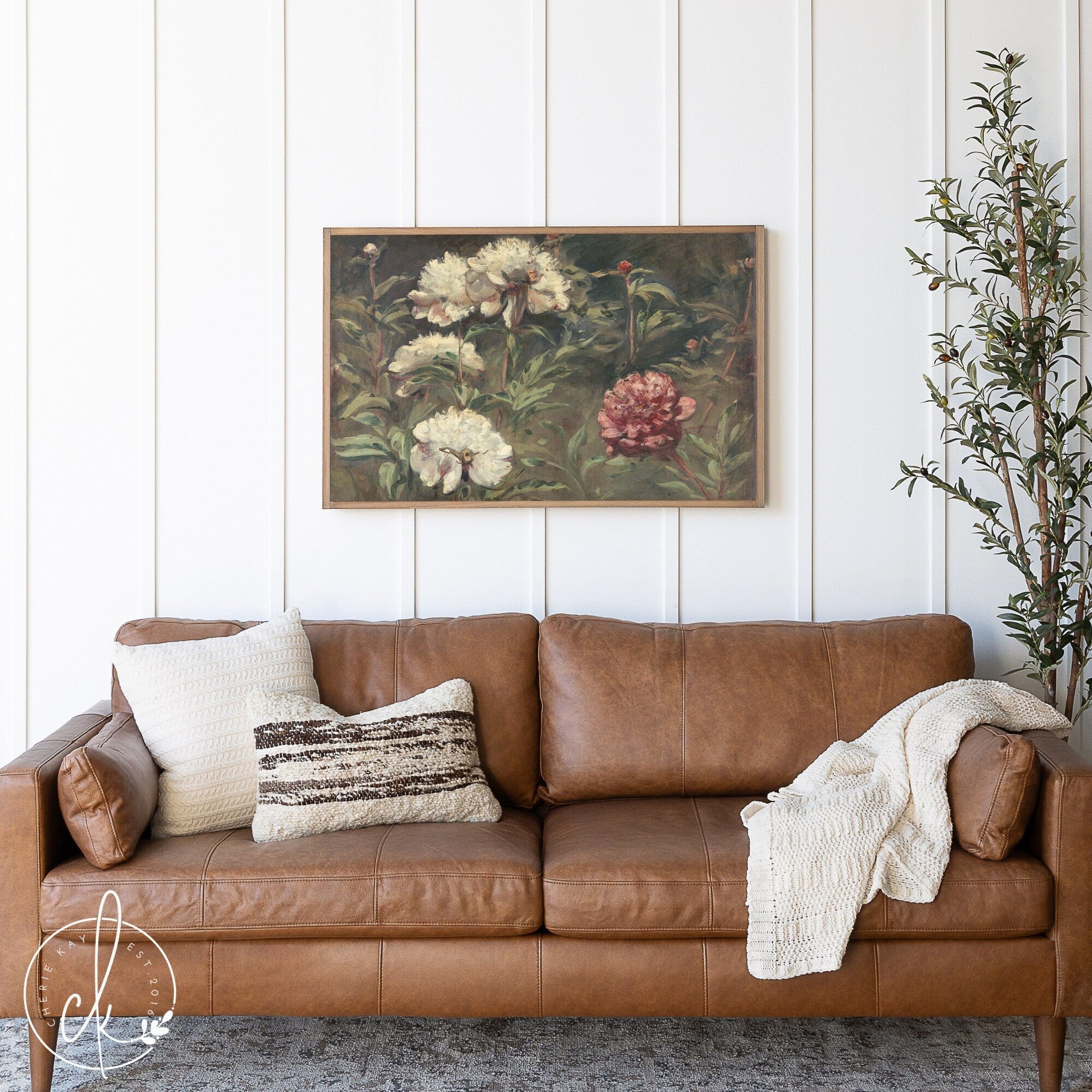 Floral Wall Art | White Peonies Painting | Botanical Art | Framed Wall Art | Living Room Decor | Vintage Wall Art